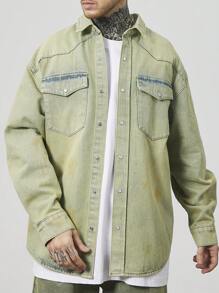 Manfinity Roghcode Vintage Washed Loose Fit Light Blue Casual Shirt For Men - Medium Wash - View 3