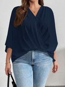 SHEIN Essnce 大码女士夏装夏季上衣时尚休闲通勤优雅工作交叉裹身 V 领斗篷 7 分袖宽松上衣衬衫 - 藏蓝色 - 查看 3