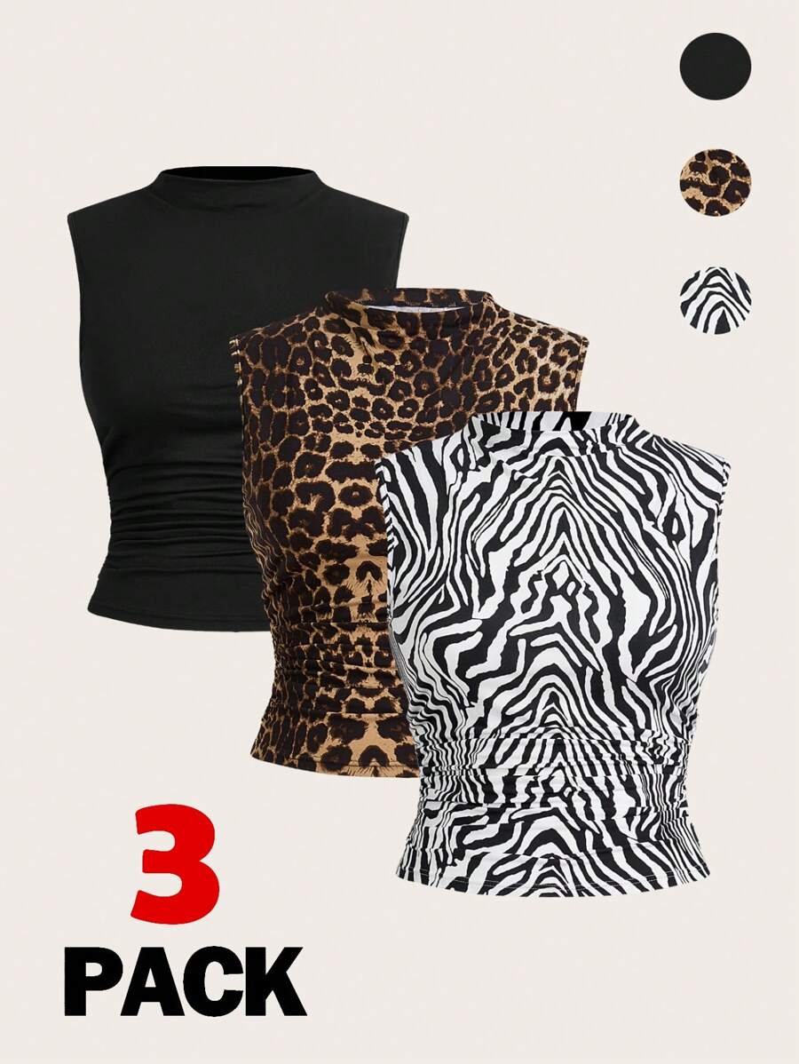SHEIN Essnce 3pcs Plus Size Women Leopard, Zebra, Black Basic Fashion Tank Top Set - Multicolor - View 1