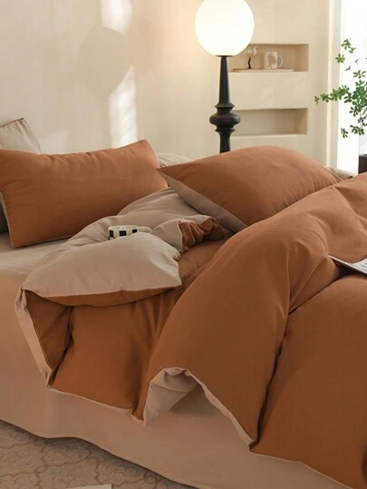 3pcs Orange & Khaki Super Soft Dormitory Bedroom Comforter Set, 1pc Duvet Cover, 2pcs Pillowcases, No Filling, Machine Washable