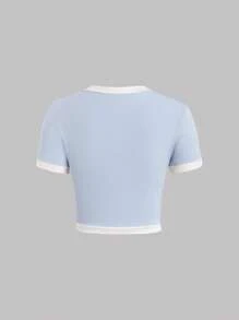 Sweetra Women's Color Block Round Neck Short Sleeve Single Breasted Decorated T-Shirt, Summer Graphic Tees Women Tops