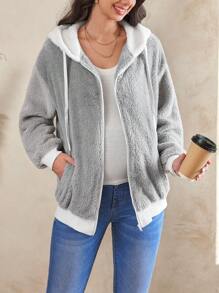 SHEIN Maternity Casual Hooded Drawstring Zip-Up Fluffy Loose Pregnancy Jacket, For Winter - Grey - View 1
