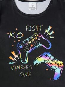 2pcs/Set Tween Boys Minimalist Glow-In-The-Dark Print Snug Fit Pajama Set (Short Sleeve Top & Shorts) - Black - View 5