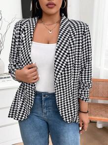 SHEIN LUNE Große Größen Herbstbekleidung Damen Frühling Herbst Hahnentrittmuster gerüschter 3/4 Ärmel eleganter Blazer Herbst Oberteile & Herbst Damenbekleidung Winterbekleidung Business Lässig Arbeits Blazer Business Blazer