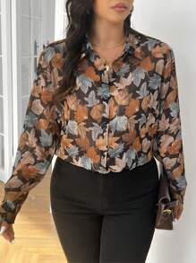 SHEIN Frenchy 大码女式春夏树叶印花长袖优雅宽松衬衫，女士秋季衬衫，秋季衬衫，优雅衬衫，秋季女装 - 彩色 - 查看 6