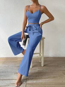 Breezaya Bộ đồ hai mảnh ngày lễ cho nữ Áo hai dây cúp ngực & Quần ống đứng lưng thun thắt nơ hở lưng - Màu xanh lam - Xem 8