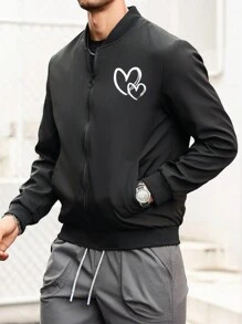 Manfinity Homme Chaqueta de béisbol de manga larga con estampado de corazón para hombres, para primavera/otoño