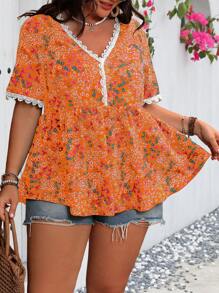 SHEIN MOOSTA Plus Size V-Neck Lace Trim Allover Print Fashionable Blouse - Orange - View 5