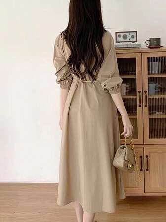 欧美时尚女装法式简约半身裙女翻领系带收腰显瘦纯色全休闲chic七分袖秋季女装中长款连衣裙