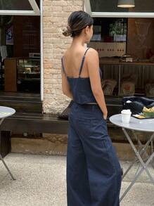 Livesso 女士素色简约日常无袖上衣和牛仔裤套装夏季荷叶边返校服 - 藍色 - 查看 2