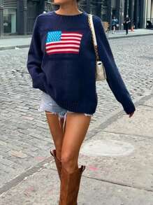 INAWLY Plus Size Crew Neck Long Sleeve American Flag Pattern Knitted Sweater Fall Winter Autumn - Royal Blue - View 3