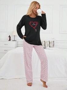EURMUSE Cotton 2Pcs Contrast Colour Heart Printed PJ Set - Black - View 4