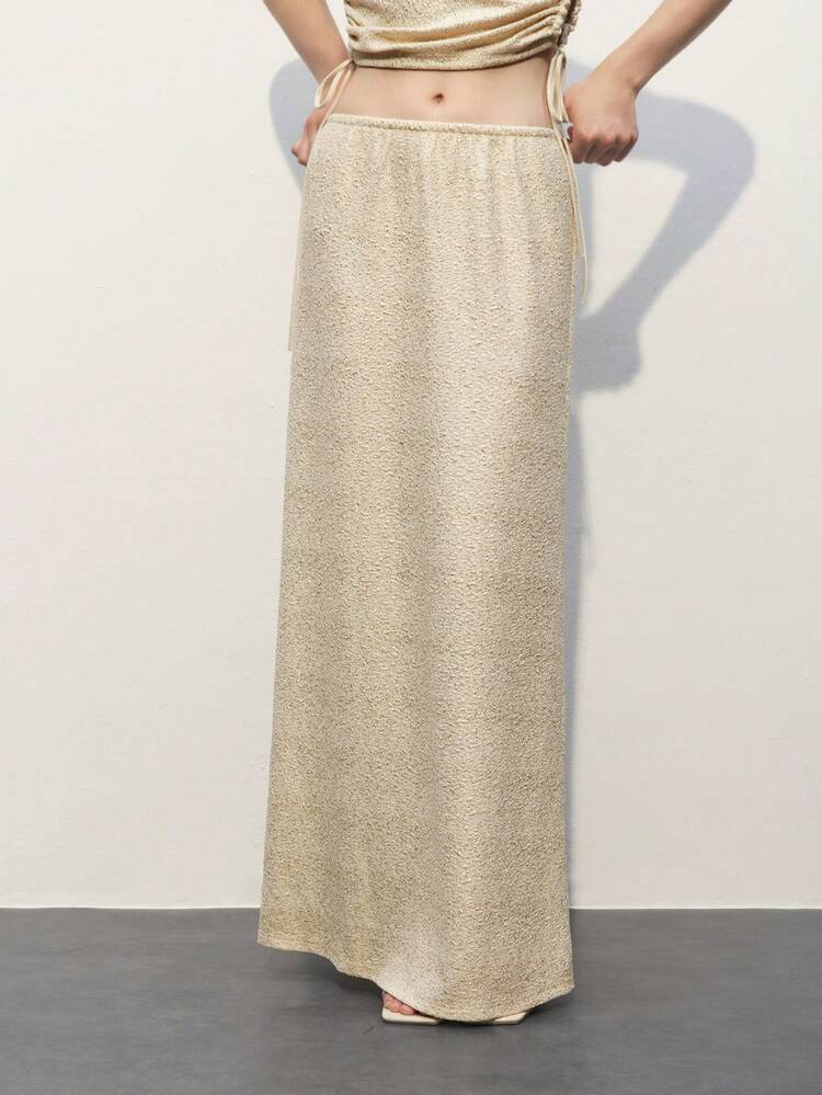 SHEIN Maija Women's Elegant Long High-Waisted Metallic Gold Skirt