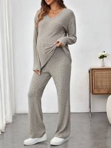 SHEIN 2 pièces/Set Blouse à manches longues col en V et pantalon unicolore, ensemble décontracté de maternité