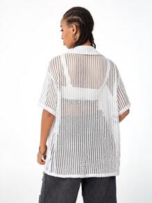 SHEIN EZwear 街头服饰纹理面料女士中性短袖衬衫，春/夏 - 白色 - 查看 2