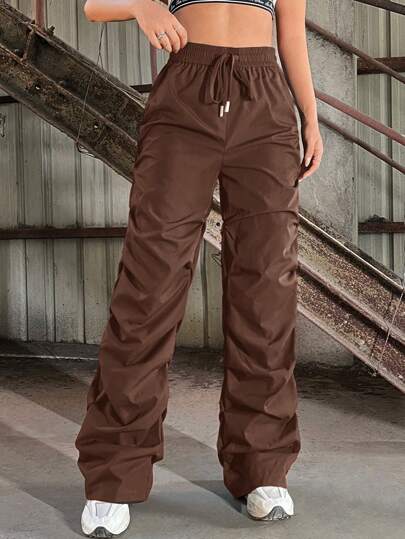 Coolane Women's Fall/Winter  Blokecore Casual Side Drawstring Waist Parachute Cargo Brown Pants