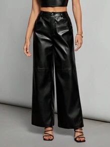 SHEIN Tall Black Date Night Solid PU Leather Straight Leg Pants - Black - View 7
