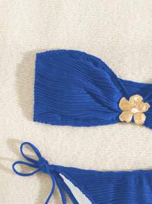 SHEIN Swim 女士金色花卉装饰简约日常抹胸上衣和下装比基尼套装，夏季泳衣 - 藍色 - 查看 7