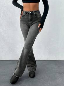 RueChic 高腰休閒修身喇叭牛仔褲 - 灰色 - 查看 5