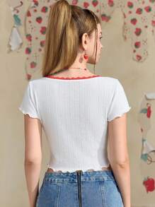 Strawberry Shortcake X SHEIN Women's Summer Cute Lettuce Edge Contrast Color Lace Cartoon Character Strawberry Print T-Shirt Bow Fitted Cropped T-Shirt Top Square Collar Embroidered Mesh White Graphic T-Shirt