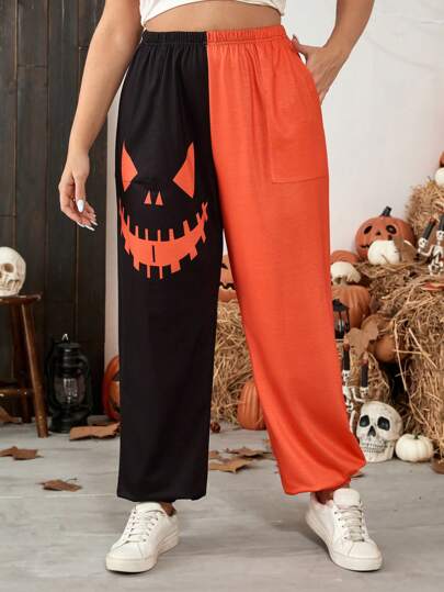 SHEIN LUNE Plus Size Orange Black Contrast Color Monster Face Print Casual Halloween Sweatpants With Pockets, Halloween With Pockets Halloween Pants Airport Women Outfits Fall Clothes Clothes