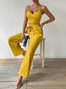 Breezaya 女式杯型肩帶背心上衣搭配蝴蝶結，彈性腰直筒褲，2入組海灘度假套裝 - 黃色 - 查看 4