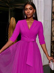 Faeriesty Elegant Surplice Neck Belted Cocktail Dress Midi Dress Party Dress Wedding Guest Dress Formal Dress Evening Dress,Gown - Hot Pink - View 9