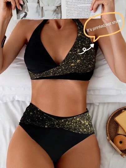 SHEIN Swim Ladies' Printed Patchwork Two-Piece Bikini Set, Summer Beach