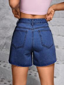 SHEIN PETITE 女式纽扣装饰腰带口袋流苏下摆街头风格牛仔短裤 - 深色水洗藍 - 查看 2