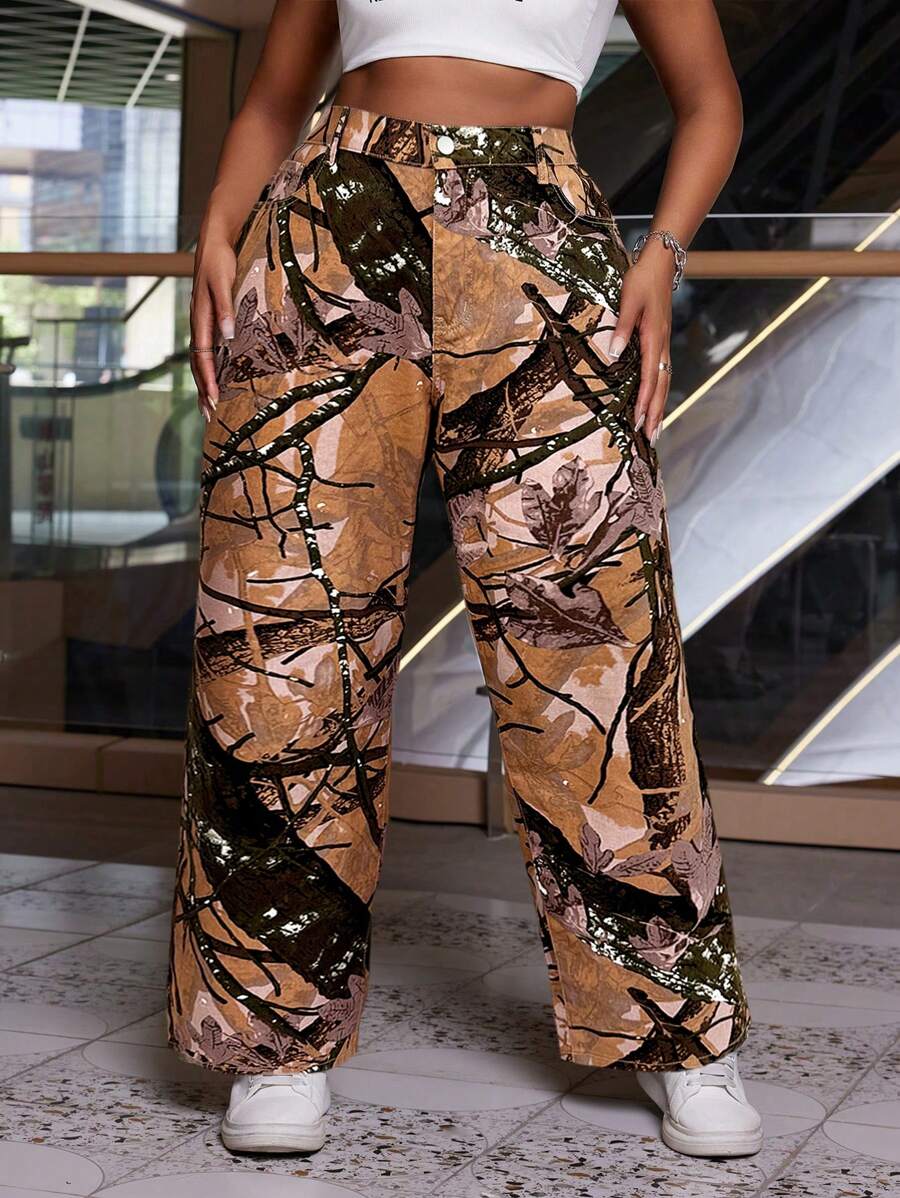 SHEIN SXY Plus Size Branch Print Straight Leg Jeans - Multicolor - View 1