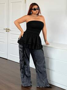 SHEIN ICON Plus Size Off-The-Shoulder Cake Jellyfish Hem Solid Color Sleeveless Top - Black - View 5