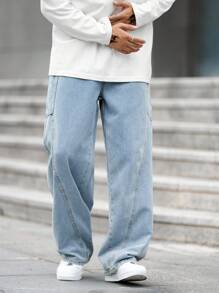 Manfinity EZcore 男士简约纯色日常穿着超宽腿宽松牛仔裤，纯色长款水洗宽松浅蓝色工装牛仔裤，适合丈夫、男朋友的礼物 - 淺色水洗藍 - 查看 4