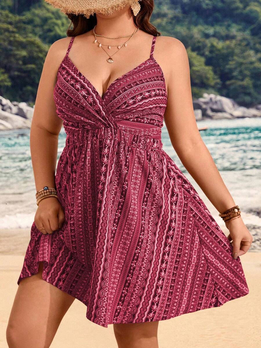 Breezaya Plus Size Spaghetti Strap Twist Knot Allover Print Fashionable Dress