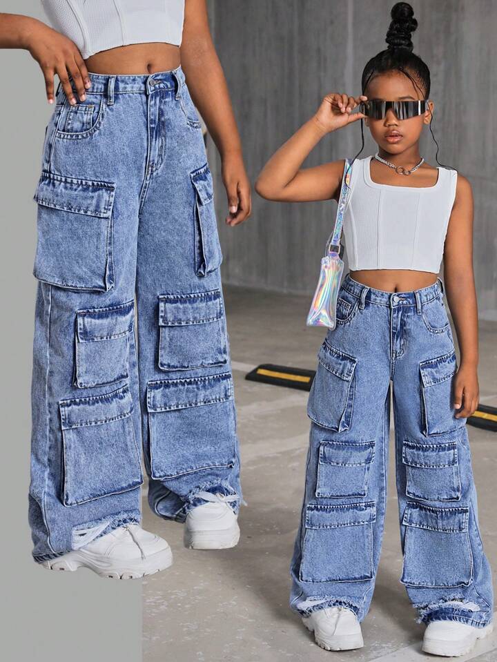 SHEIN Tween Girls Y2K Trending Stonewashed Multi Pocket Distressed Cargo Jeans Baggy Wide Leg Pants Tween Girl Fall Clothes Back To School Outfits SHEIN