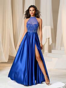Faeriesty Rhinestone Detail Halter Neck Satin Formal Dress - Royal Blue - View 1