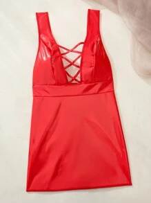 SHEIN 性感交叉后背和交叉带 PU 材质女式性感连衣裙 - 紅色 - 查看 3