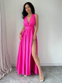 Rafferiza 欧美性感纯色 V 领开叉大腿宴会礼服配领带及地长裙女士服装 - 玫紅色 - 查看 8