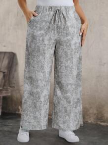 SHEIN LUNE Plus Size Tie-Dye Casual Wide Leg Pants - Light Grey - View 5