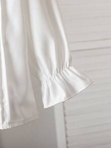 SHEIN 年轻女孩休闲纯色荷叶边袖衬衫，春秋 - 白色 - 查看 4