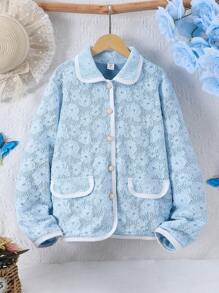 SHEIN Tween Girl Contrast Trim Button Front Casual Solid Collar Long Sleeve Jacket - Blue - View 1
