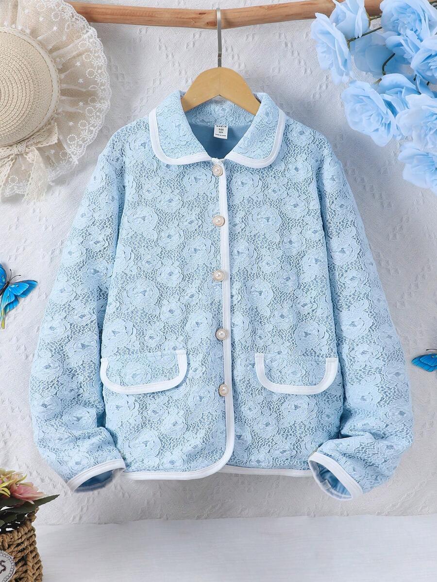 SHEIN Tween Girl Contrast Trim Button Front Casual Solid Collar Long Sleeve Jacket - Blue - View 1