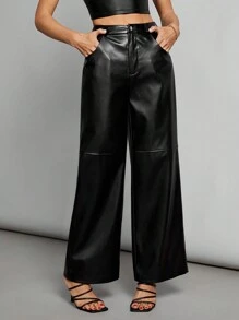 SHEIN Tall Black Date Night Solid PU Leather Straight Leg Pants - Black - View 1