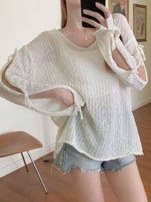 DAZY Áo len dài tay cổ chữ V dáng rộng màu trơn có nơ cho nữ, quần áo thu - trắng - Xem 1