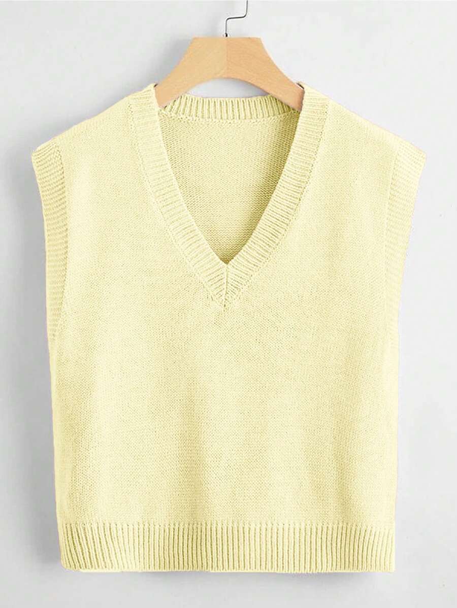 Franclia V领纯色无袖休闲针织毛衣背心 - 黃色 - 查看 1