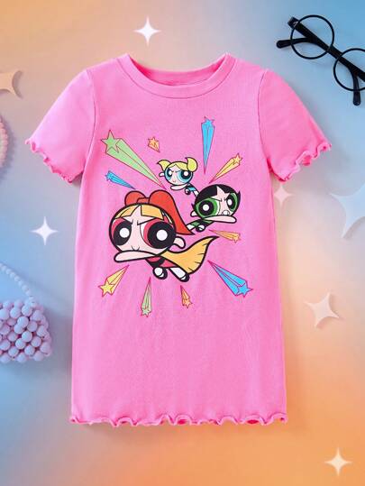THE POWERPUFF GIRLS X SHEIN 女婴卡通图案粉色短袖生菜边 T 恤连衣裙，夏季