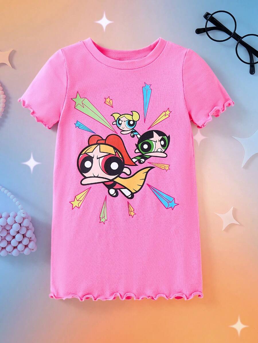 THE POWERPUFF GIRLS X SHEIN 女婴卡通图案粉色短袖生菜边 T 恤连衣裙，夏季 - 粉色 - 查看 1