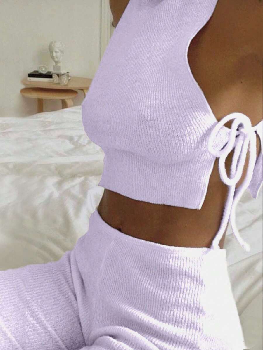 SHEIN Unity Mock Neck Sleeveless Tie Side Knit Top - Mauve Purple - View 1