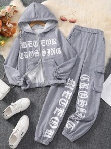 Tween Girls' Casual Gothic Style Printed Hooded Sweatshirt And Sweatshirt Set - Grey - View 3