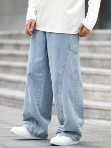 Manfinity EZcore 男士简约纯色日常穿着超宽腿宽松牛仔裤，纯色长款水洗宽松浅蓝色工装牛仔裤，适合丈夫、男朋友的礼物 - 淺色水洗藍 - 查看 1