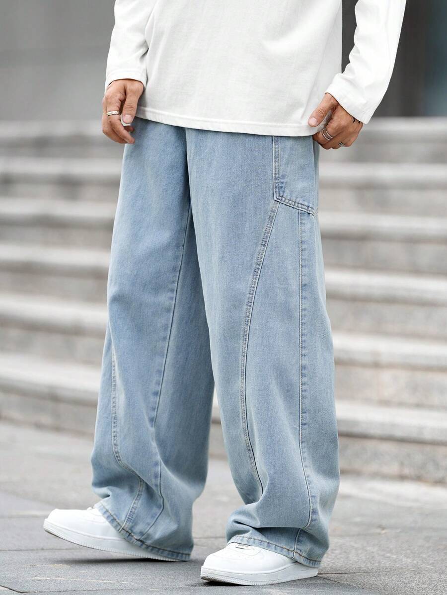 Manfinity EZcore 男士简约纯色日常穿着超宽腿宽松牛仔裤，纯色长款水洗宽松浅蓝色工装牛仔裤，适合丈夫、男朋友的礼物 - 淺色水洗藍 - 查看 1